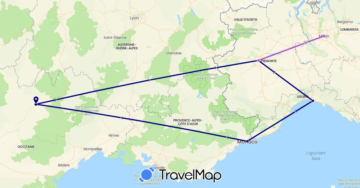 TravelMap itinerary: driving, train in France, Italy, Monaco (Europe)
